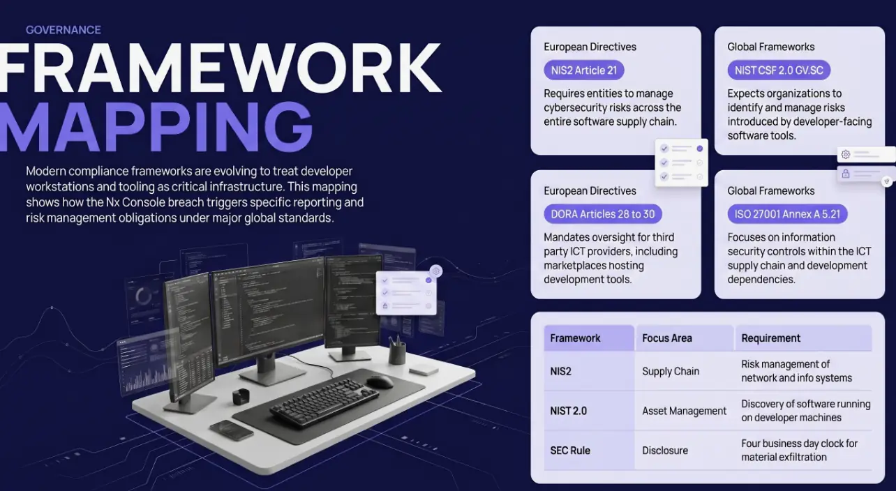 Framework mapping infographic linking the Nx Console breach to NIS2, DORA, NIST CSF 2.0, ISO 27001 and SEC rules.