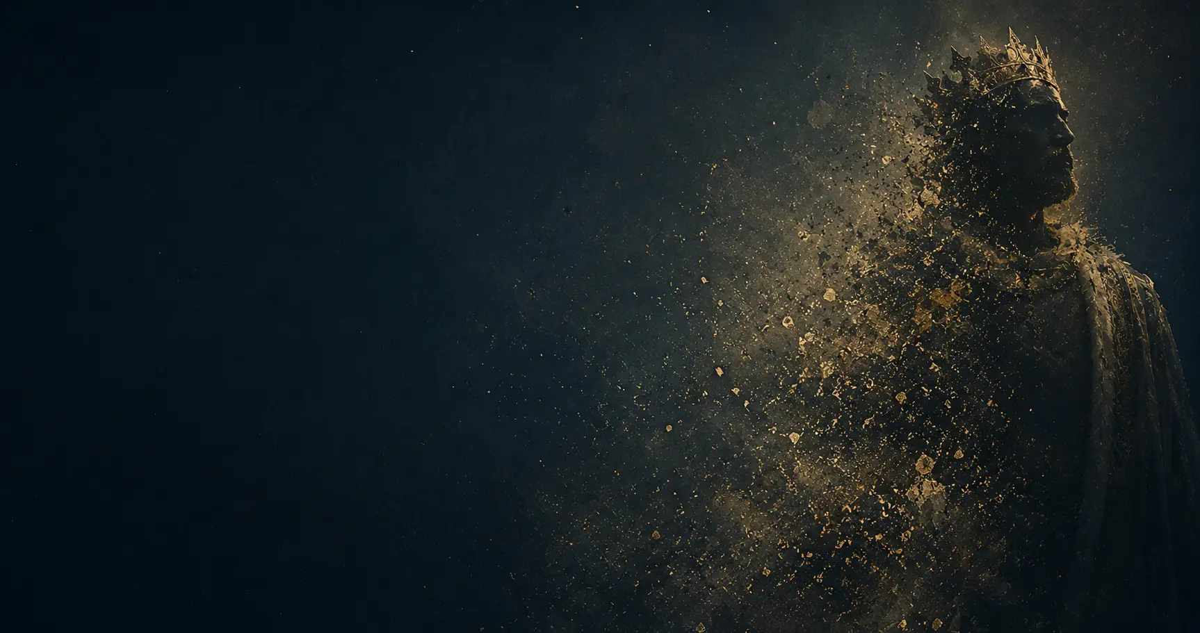Dark cinematic image of a golden silhouette dissolving into particles, representing the illusion of cybersecurity.