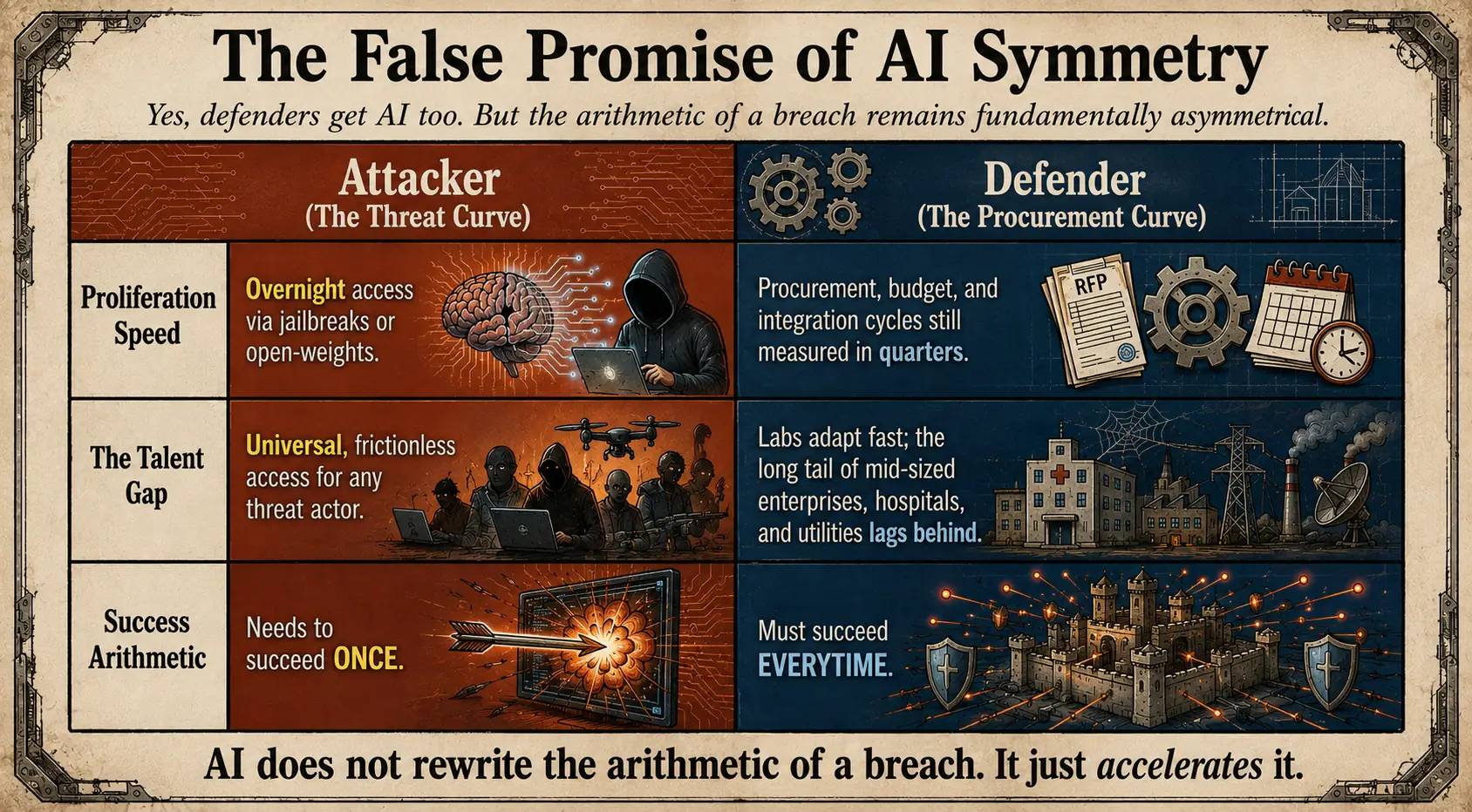 Infographic 'The False Promise of AI Symmetry' comparing attacker and defender on speed, talent, and scale.