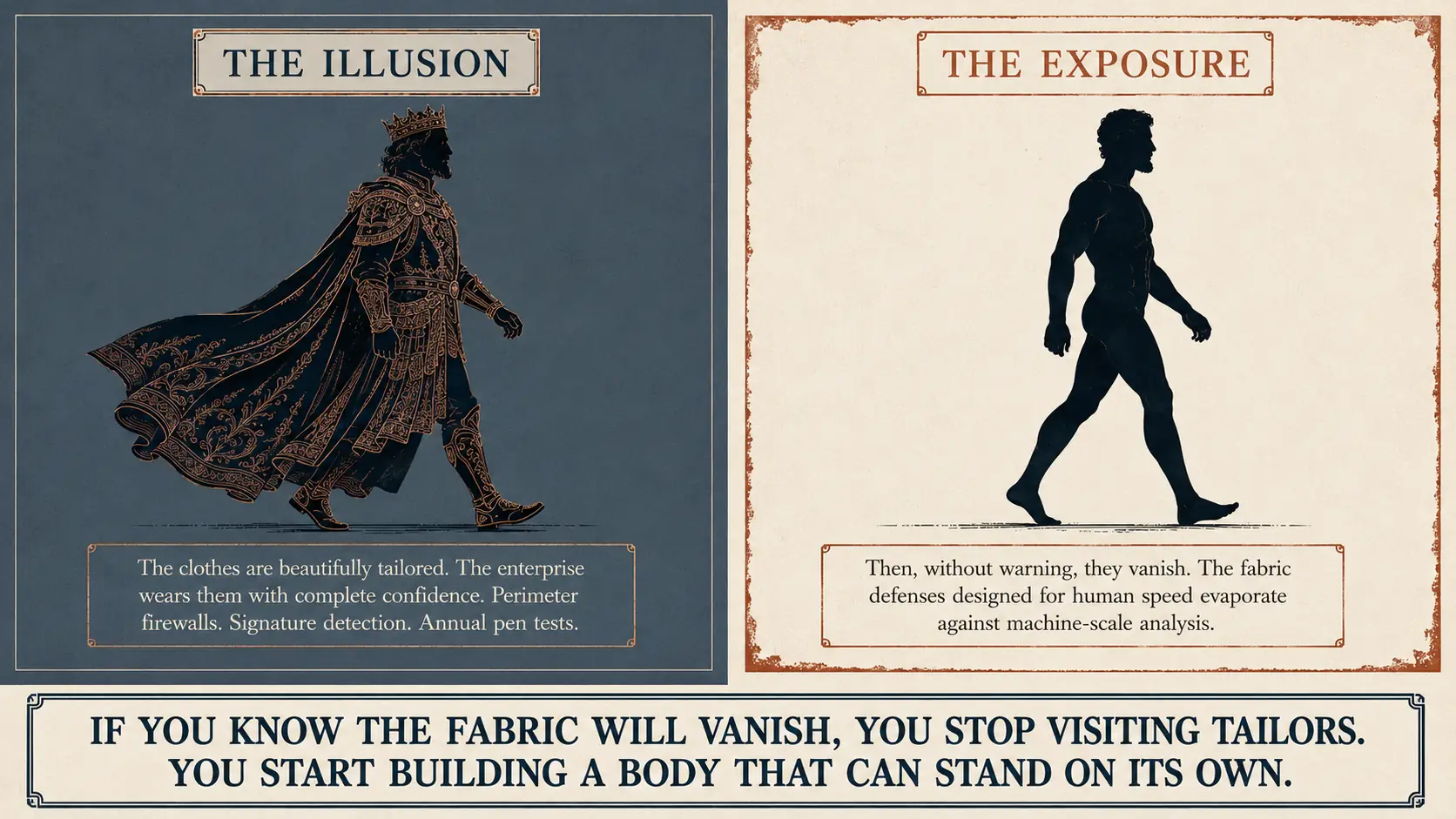 Two-panel graphic, 'The Illusion' and 'The Exposure', contrasting a cloaked figure with a bare silhouette.