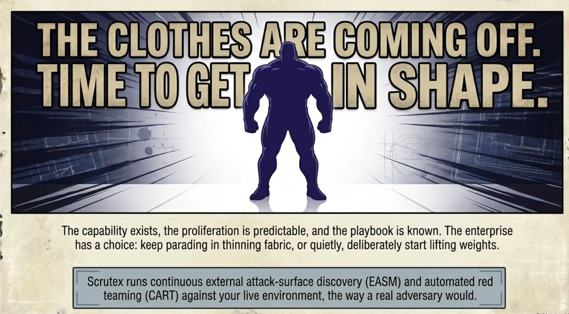 Banner 'The clothes are coming off. Time to get in shape' with a muscular silhouette and an EASM call-out.