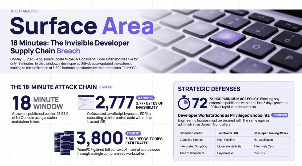 Infographic on the GitHub breach via Nx Console: an 18-minute attack window and 3,800 repositories exfiltrated.