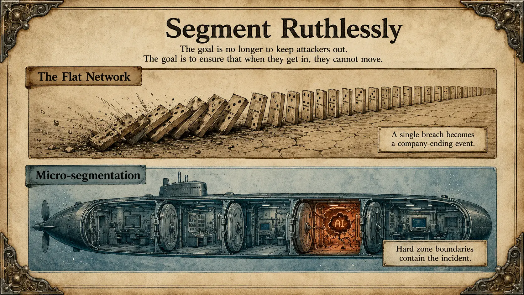 Diagram 'Segment Ruthlessly' contrasting a flat network with micro-segmented compartments.