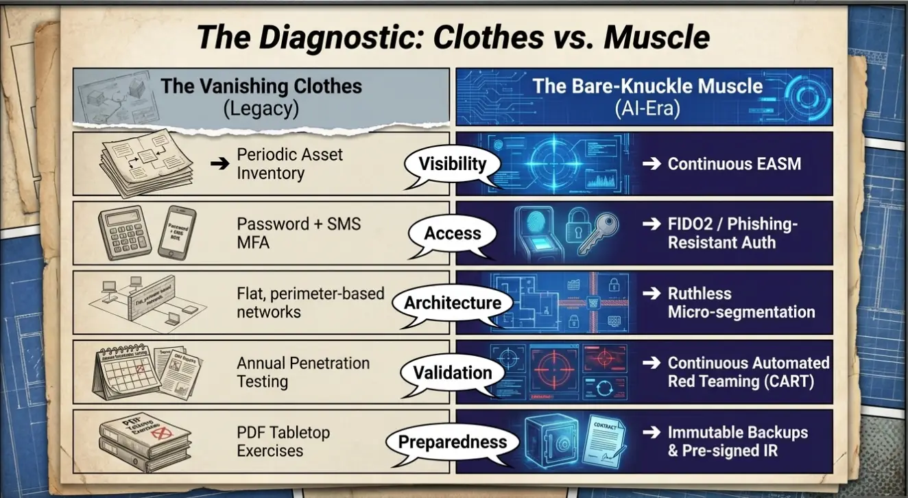 Table 'The Diagnostic: Clothes vs. Muscle' comparing legacy security controls with stronger AI-era defenses.