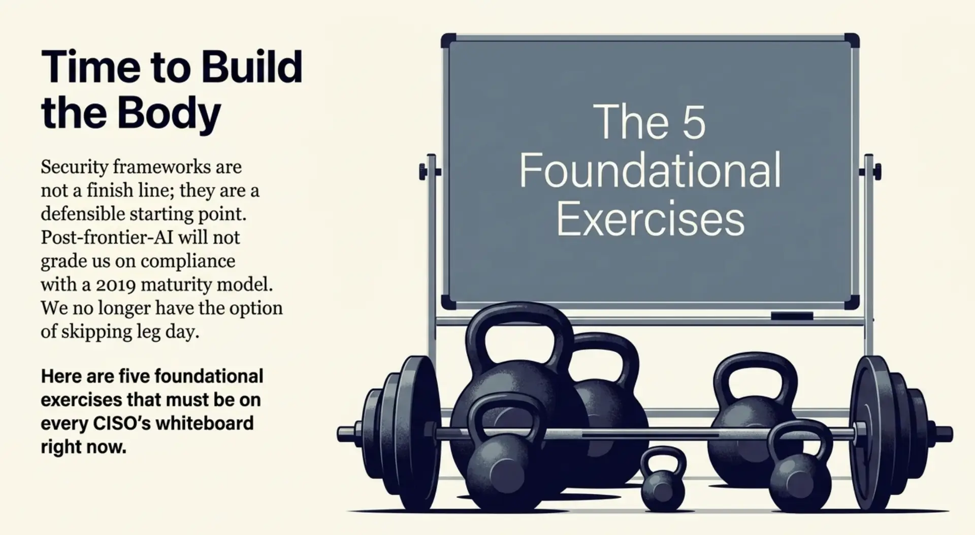 Graphic 'Time to Build the Body' with a whiteboard listing the 5 Foundational Exercises beside barbells.
