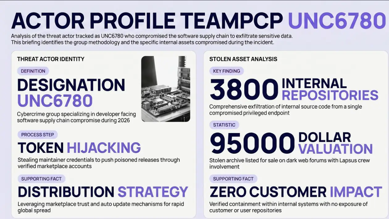 Infographic profiling threat actor TeamPCP (UNC6780), with 3,800 internal repositories and a $95,000 valuation.