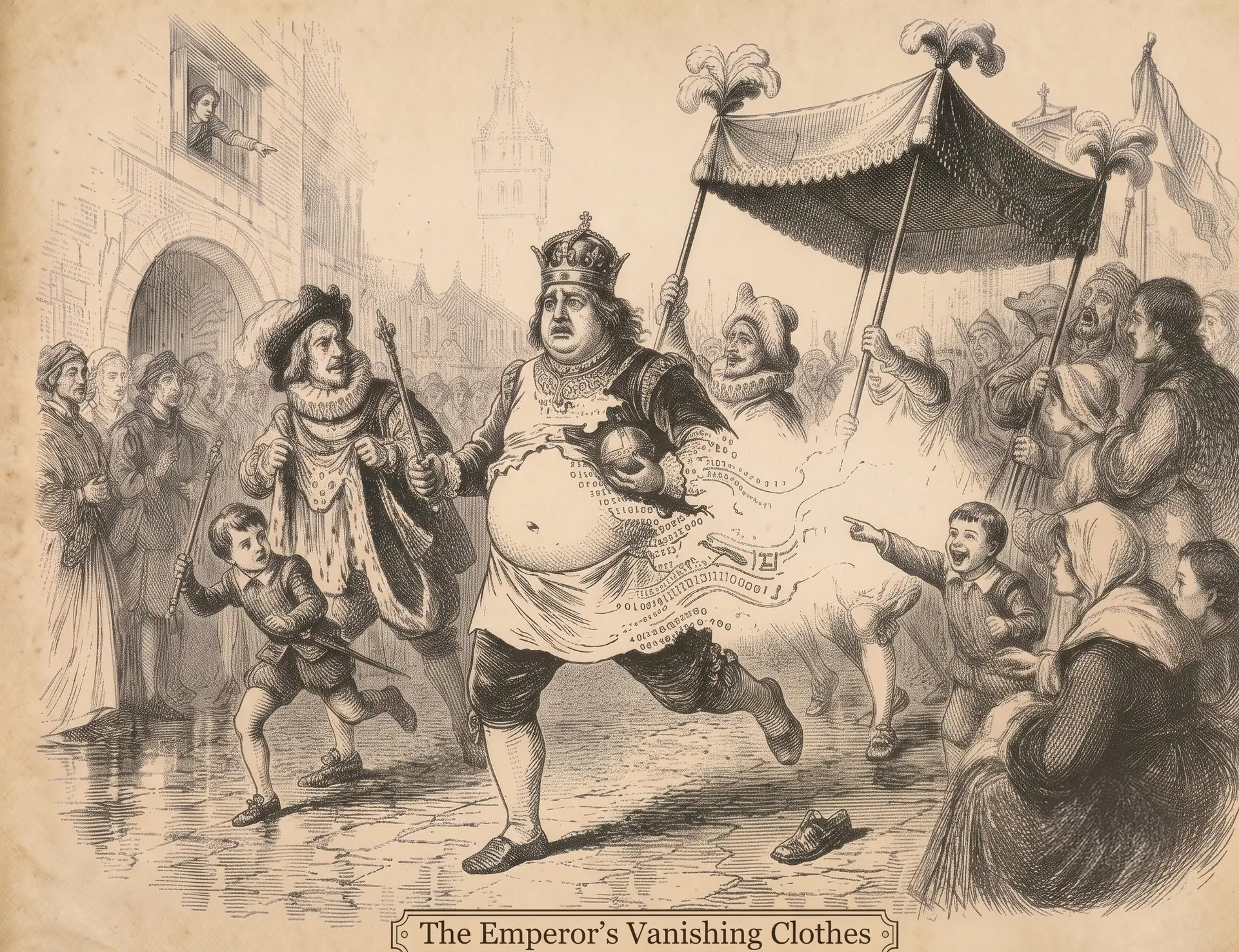 Engraved illustration of the Emperor's Vanishing Clothes procession, a fable about accepting what isn't really there.