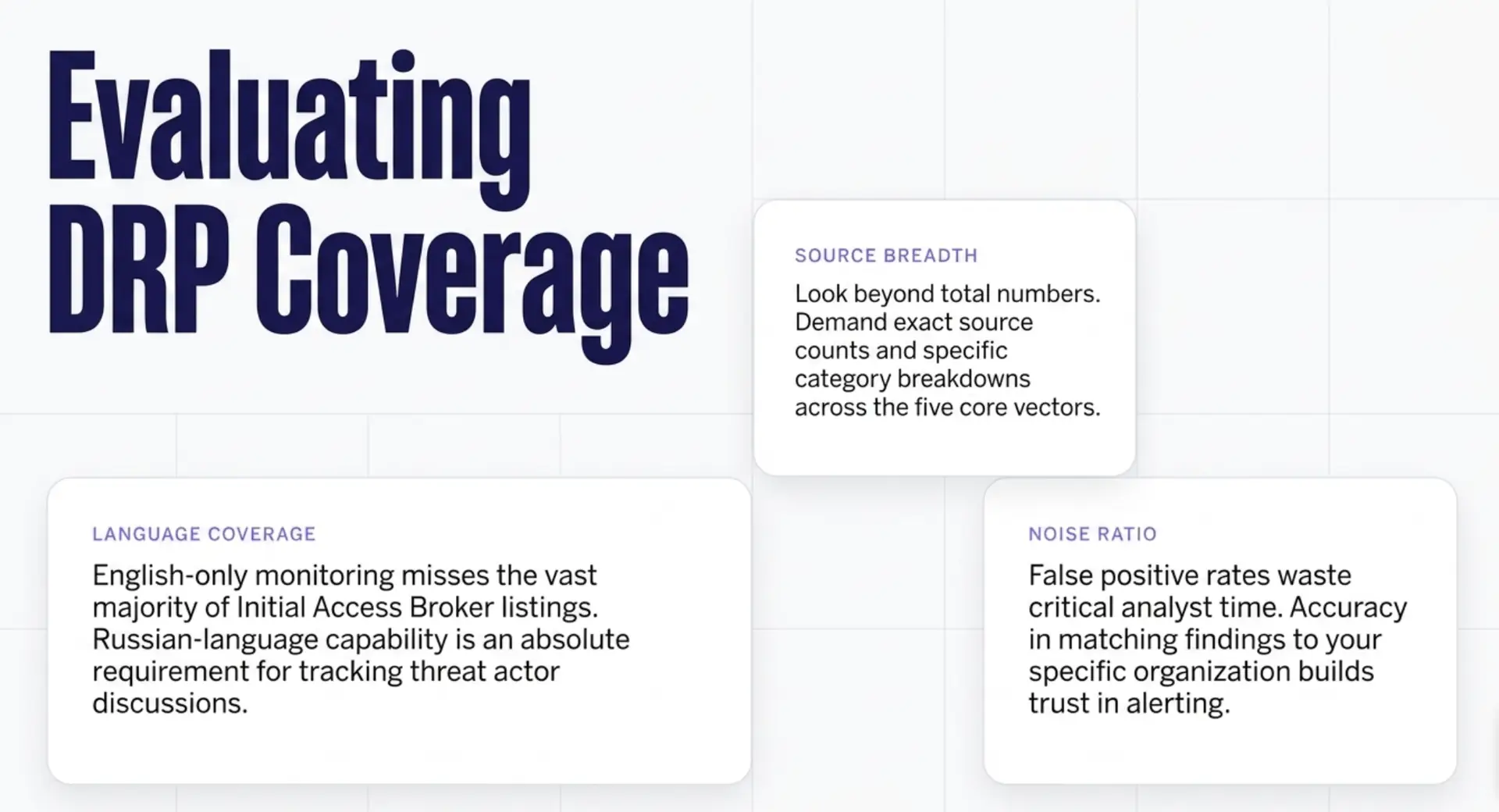 Slide on evaluating DRP coverage: language coverage, source breadth and noise ratio.